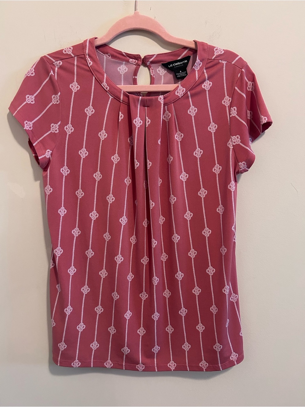 Liz Claiborne Career Rose-Pink Printed Short Sleeve Keyhole Top